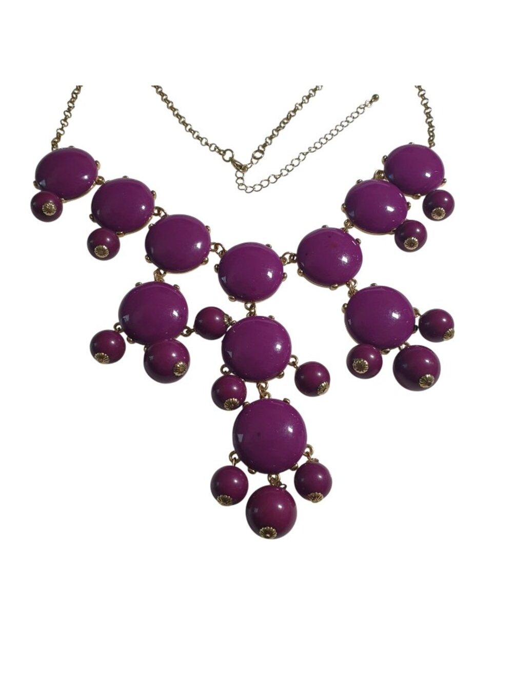 Bubble Bib Necklace Purple Beads Goldtone Statement Chain 23 Inch Plus 3 Inch